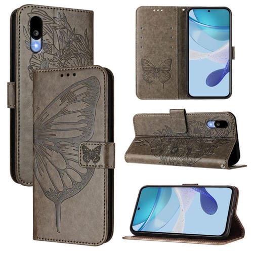 Funda de Cuero para Sharp Basio Active3 con Diseño de Mariposa en Relieve (Gris)