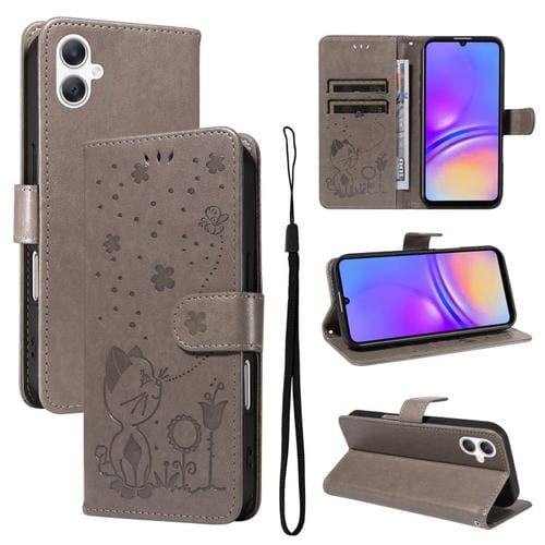 Funda de piel con tapa y diseño de gato y abeja para Samsung Galaxy A07 5G (gris)