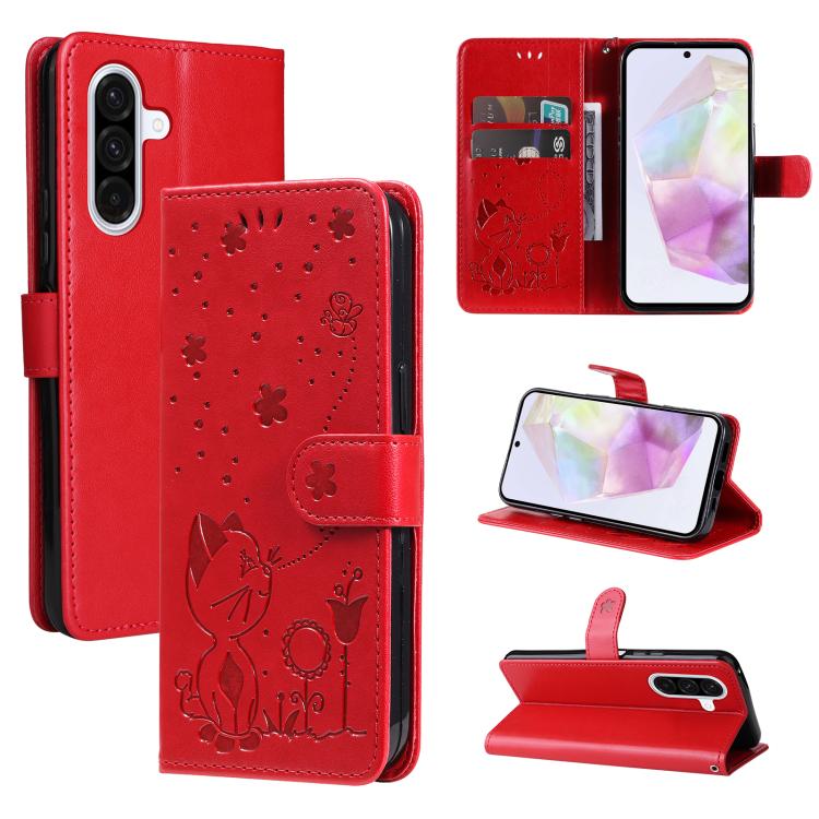Funda de piel con tapa y diseño de gato y abeja para Samsung Galaxy A36 5G / M56 5G (roja)