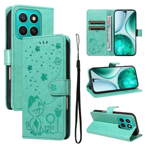 Funda de Cuero con Tapa y Relieve de Gato y Abeja para Honor X8C 4G (Verde)