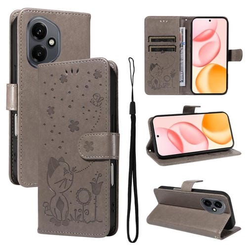 Funda de cuero con tapa para teléfono Honor 400 Global de 156,5 mm con diseño de gato y abeja (gris)