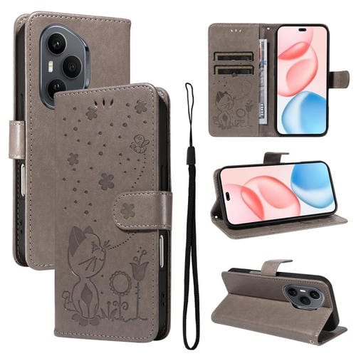Funda de cuero con tapa para Honor 400 Pro Global (160,8 mm), diseño de gato y abeja (gris)