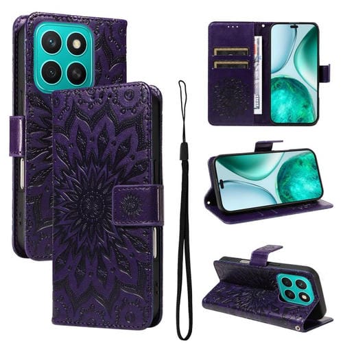 Funda de Cuero con Tapa y Estampado de Girasoles en Relieve para Honor X8C 4G (Morado)