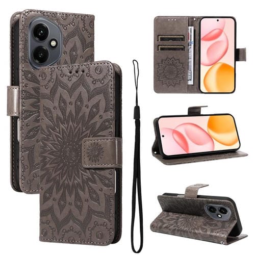Funda de cuero con tapa y estampado de girasoles en relieve para Honor 400 Global (156,5 mm) (gris)