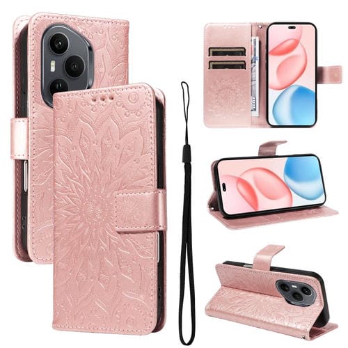 Funda de cuero con tapa y estampado de girasoles en relieve para Honor 400 Pro Global (160,8 mm) (rosa)