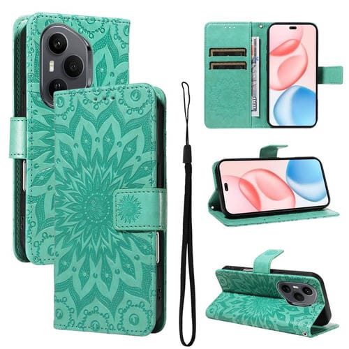 Funda de cuero con tapa y estampado de girasoles en relieve para Honor 400 Pro Global (160,8 mm) (verde)