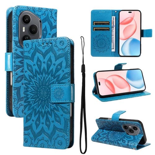 Funda de cuero con tapa y estampado de girasoles en relieve para Honor 400 Pro Global (160,8 mm) (azul)