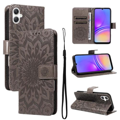 Funda de cuero con tapa y estampado de girasoles en relieve para Samsung Galaxy A07 5G (gris)