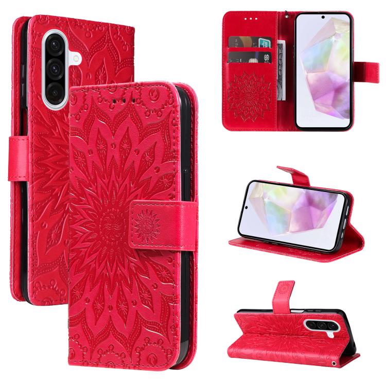 Funda de cuero con tapa y estampado de girasol en relieve para Samsung Galaxy A36 5G / M56 5G (roja)