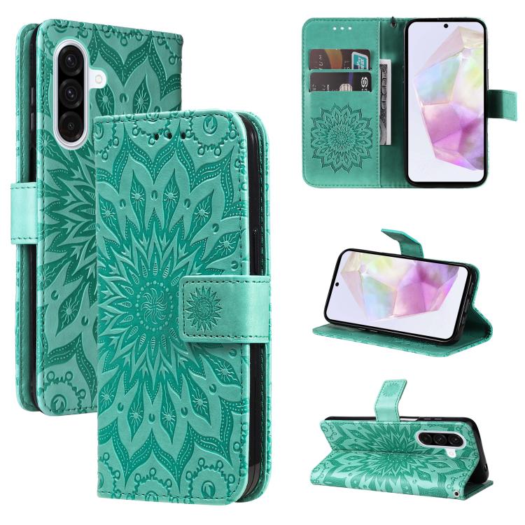 Funda de cuero con tapa y estampado de girasol en relieve para Samsung Galaxy A36 5G / M56 5G (verde)