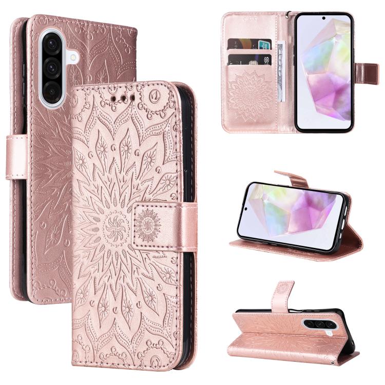 Funda de cuero con tapa y estampado de girasoles en relieve para Samsung Galaxy A56 5G (oro rosa)