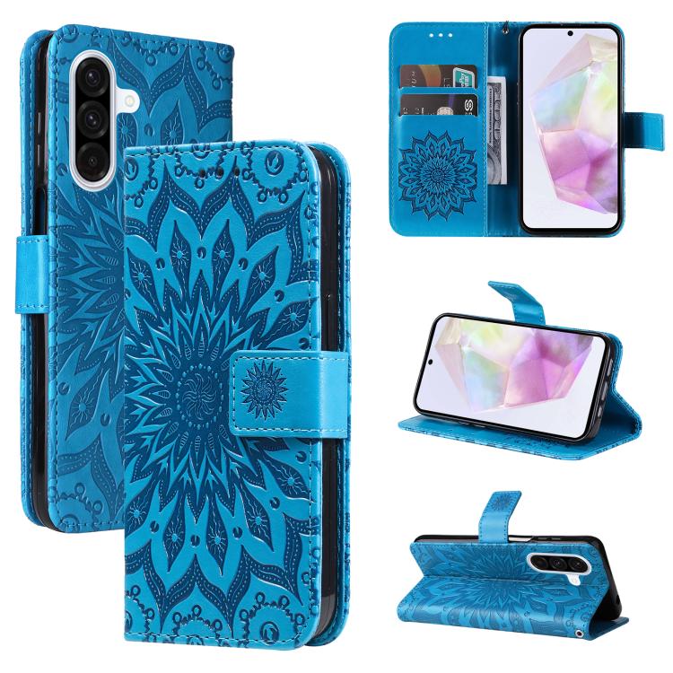 Funda de cuero con tapa y estampado de girasoles en relieve para Samsung Galaxy A56 5G (azul)