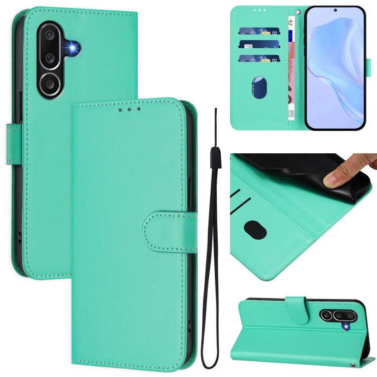 Funda de piel con textura de color liso y cordón para Samsung Galaxy M56 5G (verde)