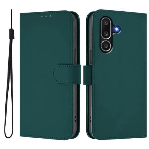 Funda de piel con textura de color liso y cordón para Samsung Galaxy M56 5G (verde oscuro)