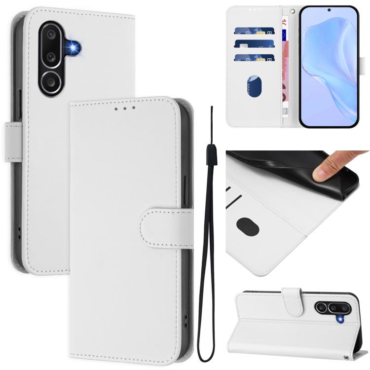 Funda de piel con textura de color liso y cordón para Samsung Galaxy M56 5G (blanco)