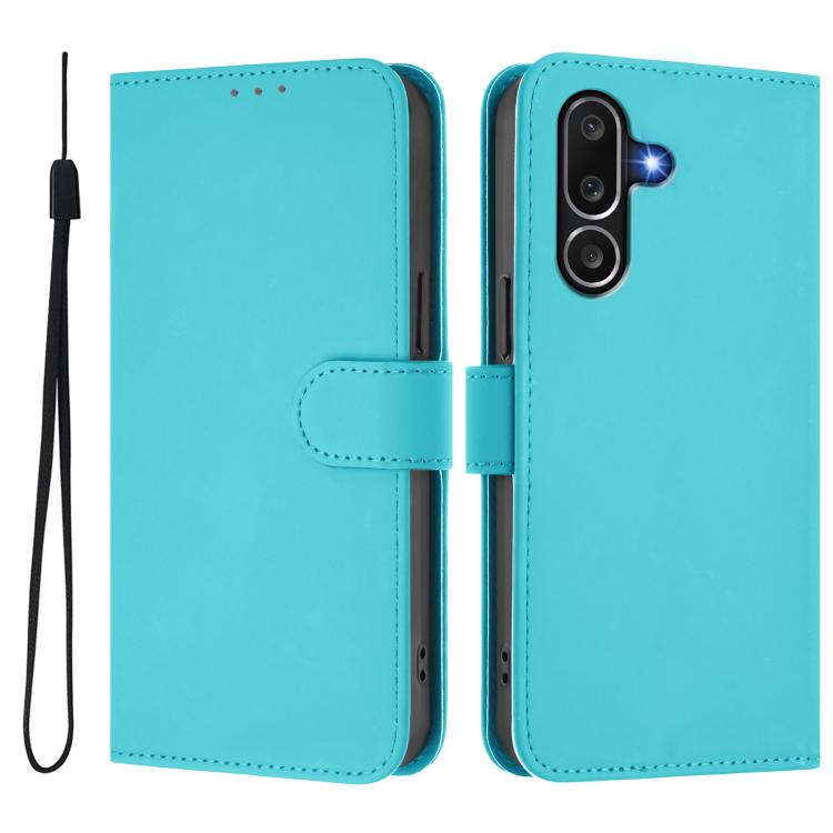 Funda de piel con textura de color liso y cordón para Samsung Galaxy M56 5G (azul lago)