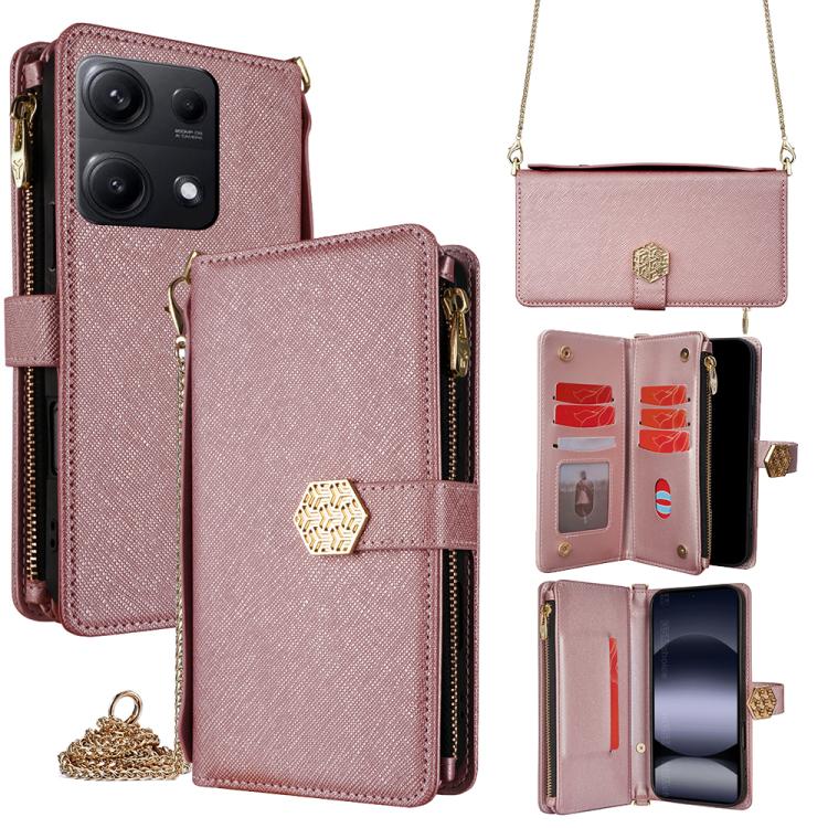 Funda de cuero con textura cruzada y asa cruzada para Redmi Note 14S 4G (oro rosa)