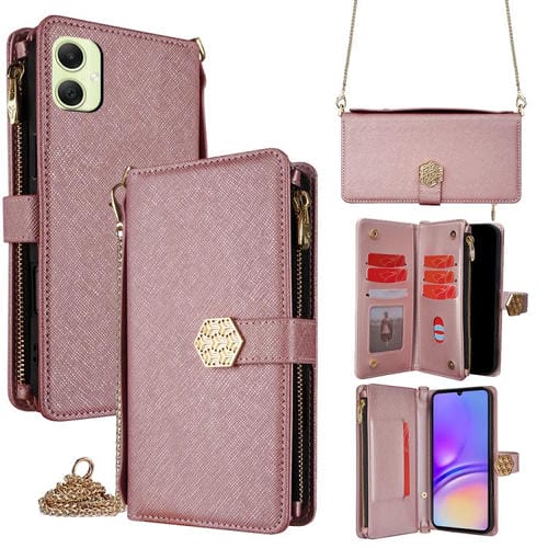 Funda de cuero con textura cruzada y asa cruzada para Samsung Galaxy A05 4G (oro rosa)