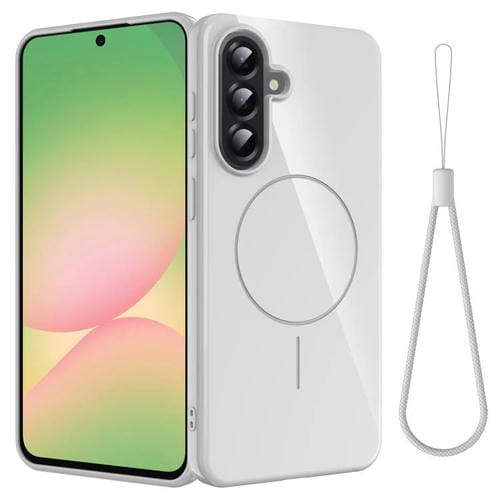 Funda MagSafe de TPU brillante a prueba de golpes con cordón para Samsung Galaxy A17 4G (blanca)