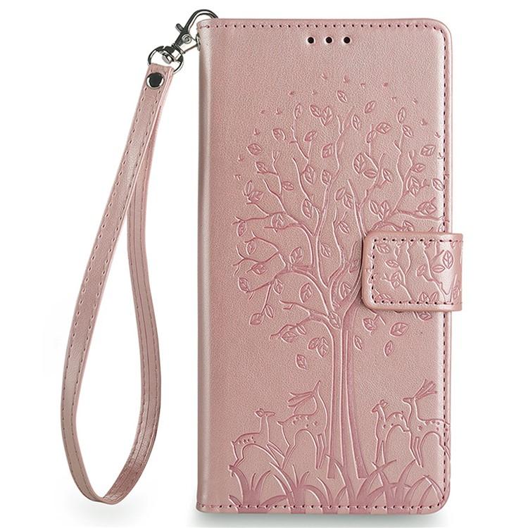 Funda de piel con relieve de árbol y ciervo para Redmi A5 4G (171,7 mm) (oro rosa)