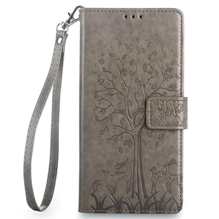 Funda de piel con relieve de árbol y ciervo para Redmi Note 14S 4G (gris)
