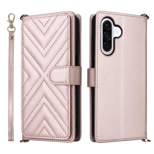 Funda de cuero multifuncional para Samsung Galaxy A17 5G con 6 ranuras para tarjetas y correa para la muñeca (rosa)