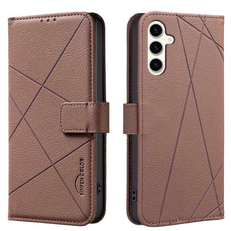 Funda de cuero RFID con patrón geométrico para Samsung Galaxy S25 FE 5G (marrón)