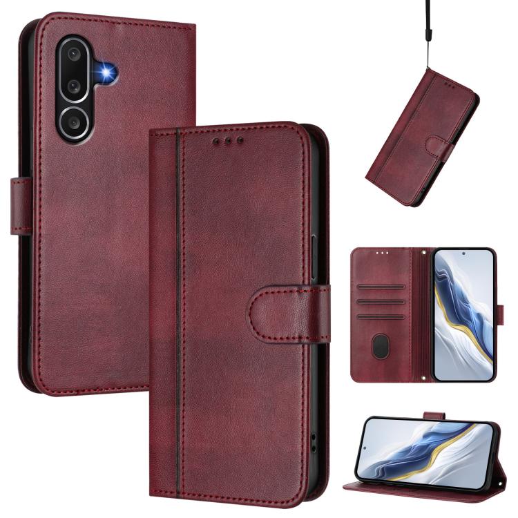 Funda de cuero retro con hebilla y empalme de línea para Samsung Galaxy M56 5G (rojo vino)