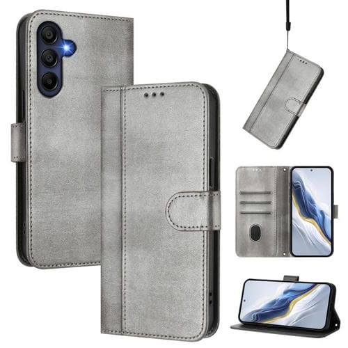Funda de cuero retro con hebilla y empalme de líneas para Samsung Galaxy A17 5G (gris)