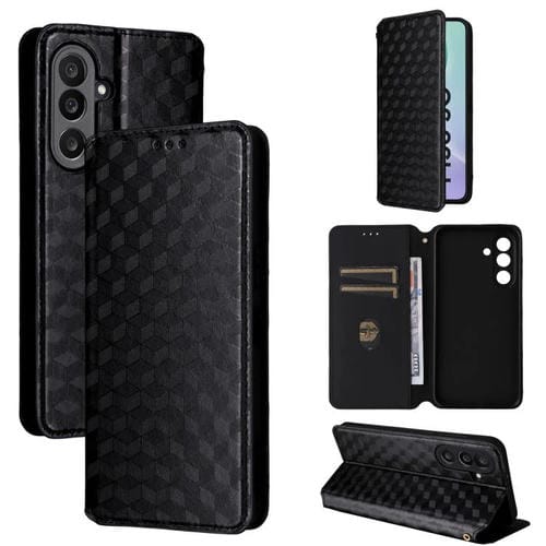 Funda de cuero con tapa y textura de cuadrícula cúbica para Samsung Galaxy M56 5G (negra)