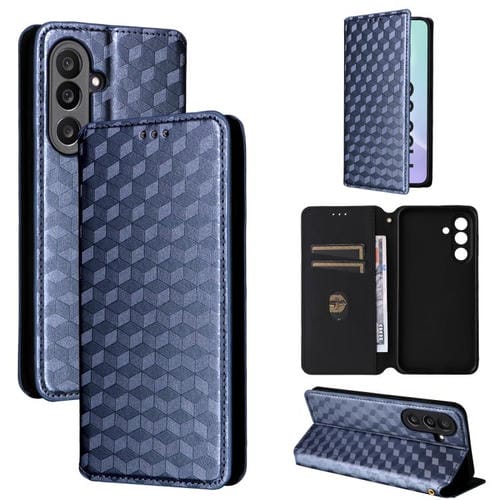 Funda de cuero con tapa y textura de cuadrícula cúbica para Samsung Galaxy M56 5G (azul)