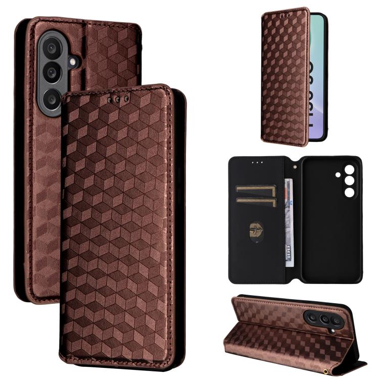 Funda de cuero con tapa y textura de cuadrícula cúbica para Samsung Galaxy M56 5G (marrón)