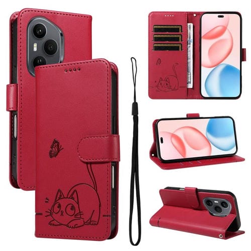 Funda de cuero con tapa y estampado de gato adorable para Honor 400 Pro Global (160,8 mm) (Rojo)