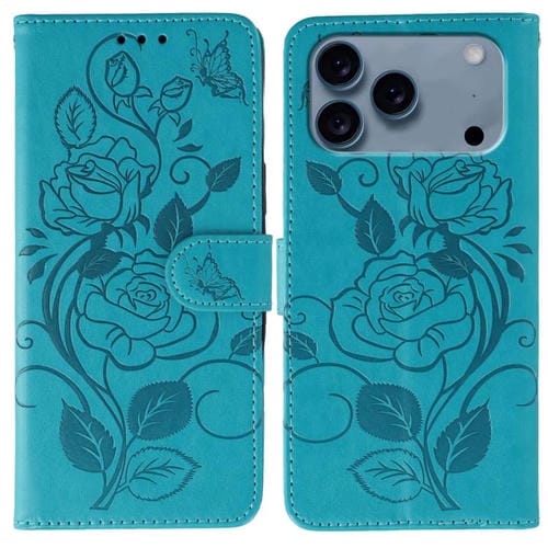Funda de cuero con relieve de mariposa rosa para iPhone 17 Pro Max (azul)