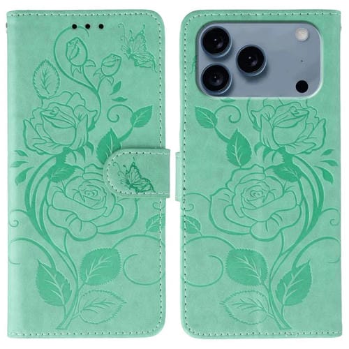 Funda de cuero con relieve de mariposa rosa para iPhone 17 Pro Max (verde)