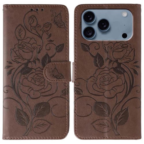 Funda de cuero con relieve de mariposa rosa para iPhone 17 Pro Max (marrón)