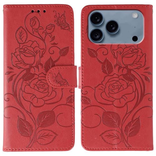 Funda de cuero con relieve de mariposa rosa para iPhone 17 Pro Max (roja)