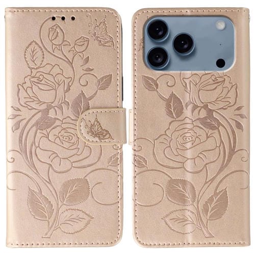 Funda de piel con relieve de mariposa rosa para iPhone 17 Pro (oro rosa)