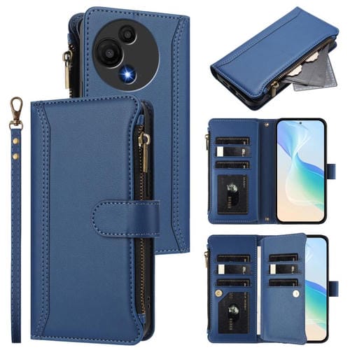 Funda de cuero con cierre magnético para TCL 605/60 SE, 9 ranuras para tarjetas, cremallera y correa de mano (azul oscuro)