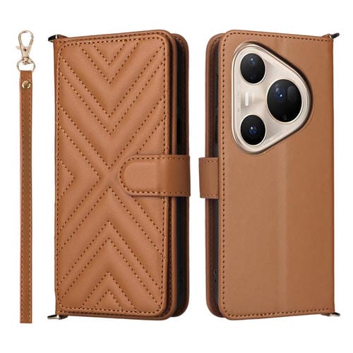 Funda de cuero multifuncional para Huawei Pura 80 Ultra 5G con 6 ranuras para tarjetas y correa para la muñeca (marrón)