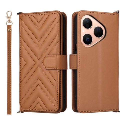 Funda de cuero multifuncional para Huawei Pura 80 5G con 6 ranuras para tarjetas y correa para la muñeca (marrón)
