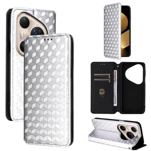 Funda de cuero con tapa y textura de cuadrícula cúbica para Huawei Pura 80 Ultra 5G (plateada)