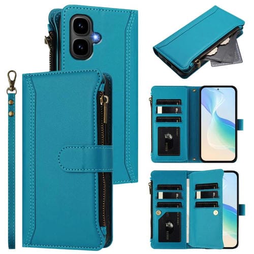 Funda de cuero con cierre magnético, 9 ranuras para tarjetas, cremallera y correa de mano para Infinix Smart 10 4G / Tecno Pop 10 (turquesa)