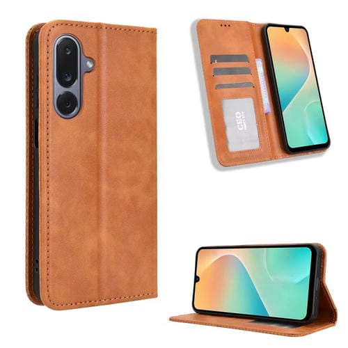 Funda de cuero con textura retro y hebilla magnética para Samsung Galaxy M36 5G (marrón)