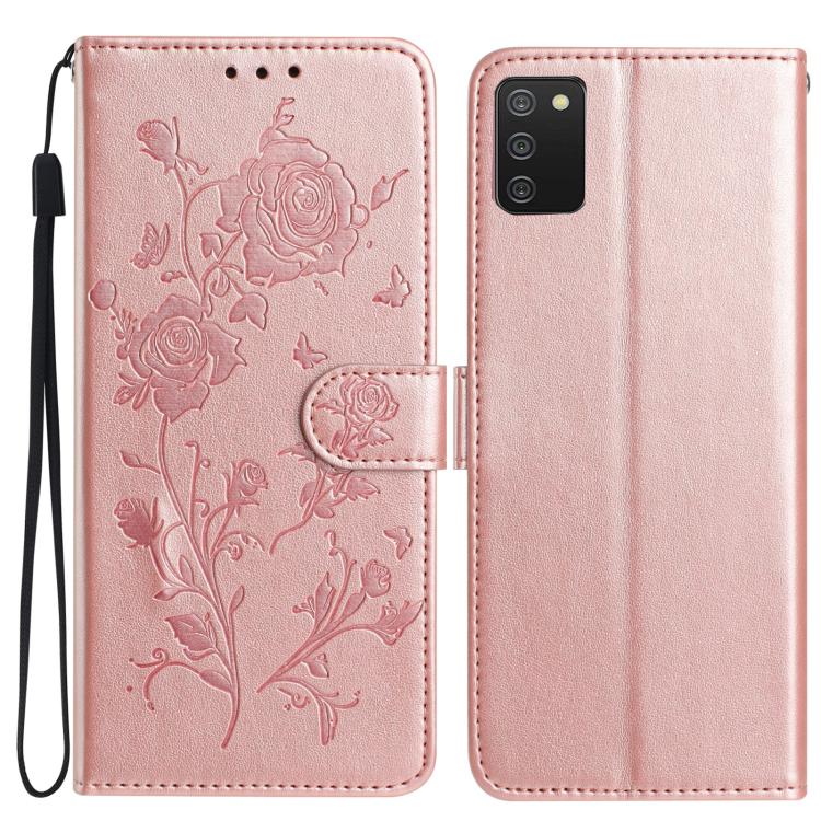 Funda de cuero con estampado floral en relieve para Samsung Galaxy A02S (164 mm, EE. UU.) (oro rosa)