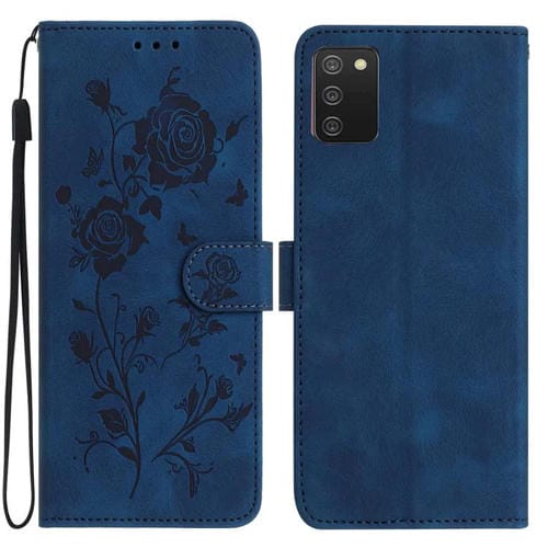 Funda de cuero con estampado floral en relieve para Samsung Galaxy A02S (164 mm, azul oscuro)