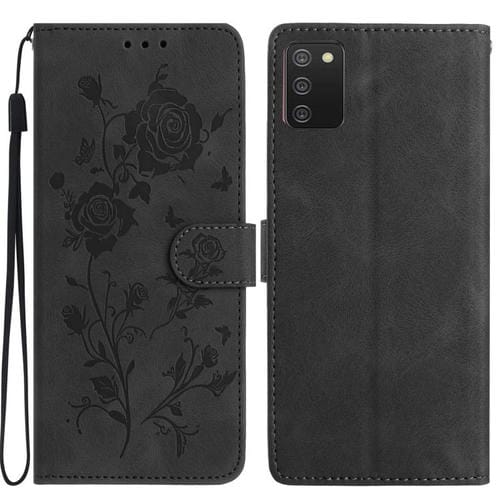 Funda de cuero con estampado floral en relieve para Samsung Galaxy A02S (164 mm), color negro