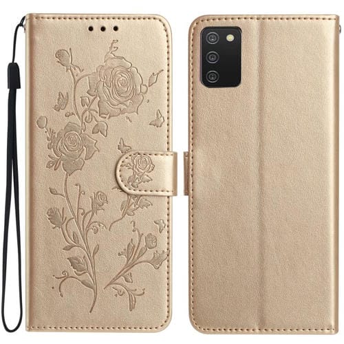 Funda de piel con estampado floral en relieve para Samsung Galaxy A02S (166 mm, UE) (dorada)