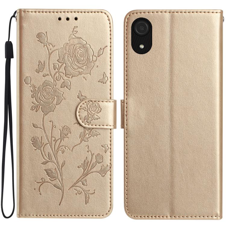 Funda de cuero con estampado floral en relieve para Samsung Galaxy A03 Core (dorada)