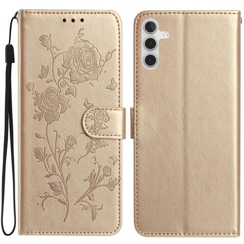 Funda de cuero con estampado de rosas en relieve para Samsung Galaxy A04S (dorada)